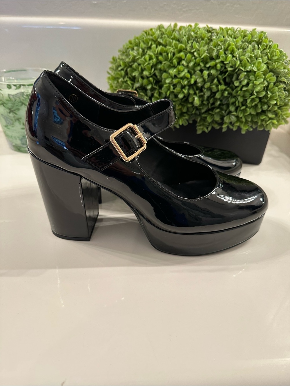 Black Patent Mary Jane Platform Heels with Buckle